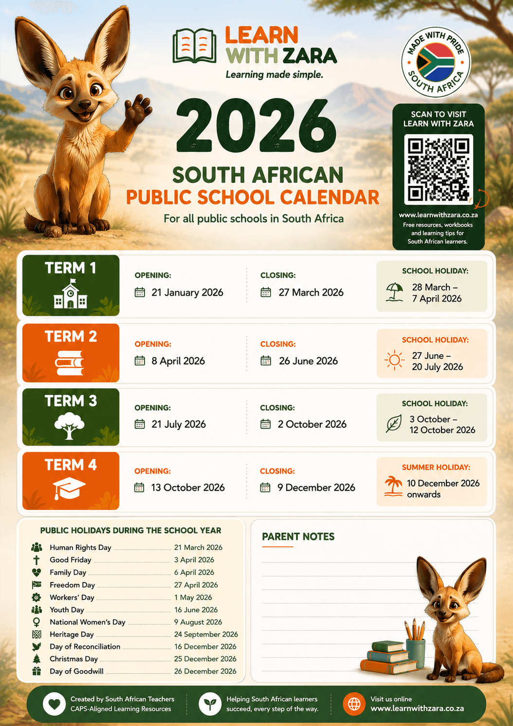 2026 South African public school calendar printable